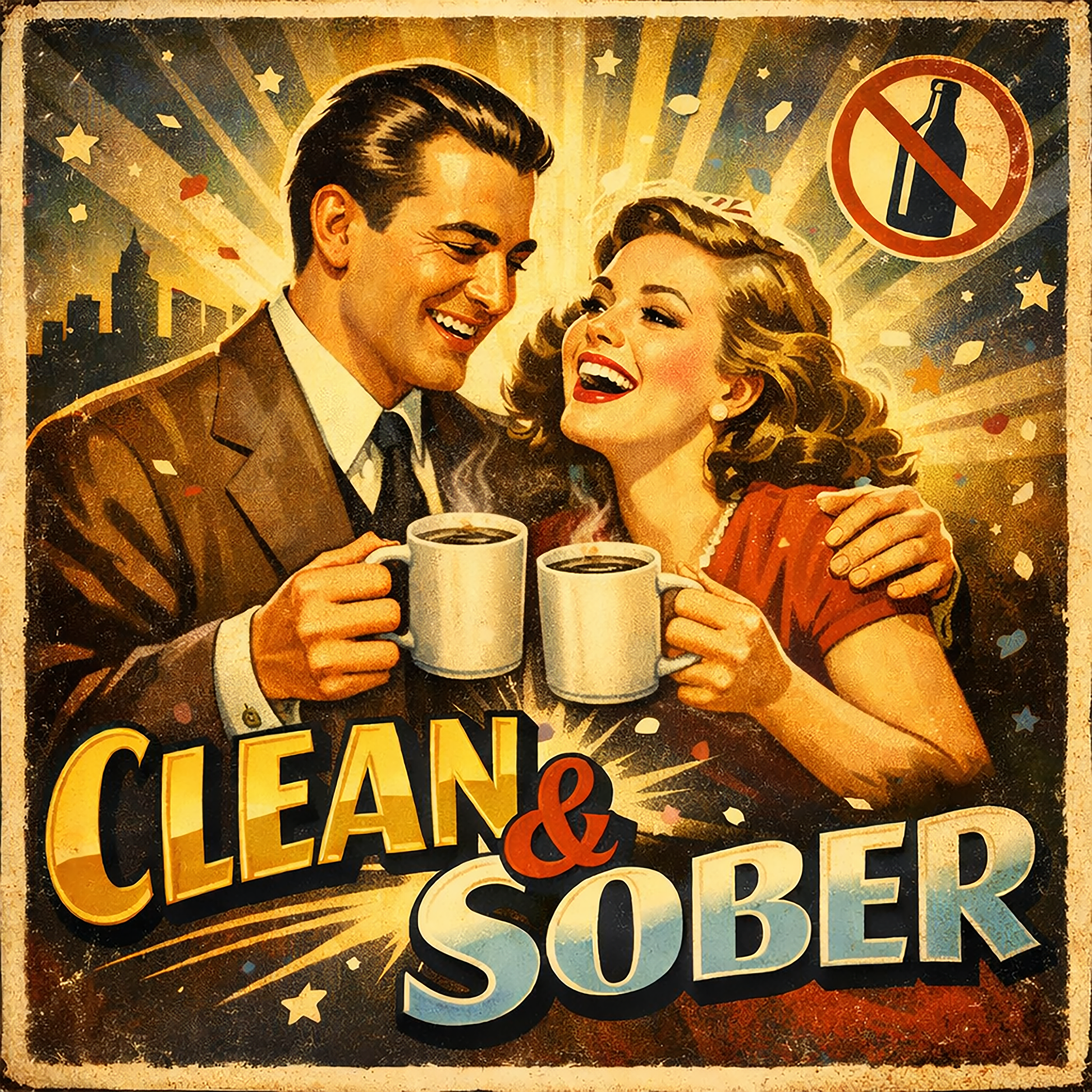 Thumbnail of a 1930s retro sobriety coffee mug design featuring a happy vintage couple holding coffee mugs with “Clean & Sober” typography and celebratory recovery poster artwork.
