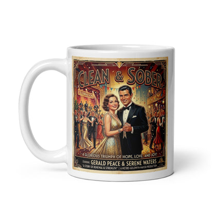 A dramatic 1930s art deco sobriety coffee mug design featuring an elegant vintage couple dancing at a celebration with “Clean & Sober” text and classic retro movie poster styling.