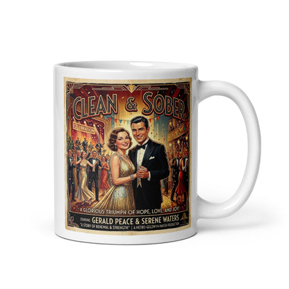 1930s art deco sobriety coffee mug design featuring an elegant vintage couple dancing at a celebration with “Clean & Sober” text and classic retro movie poster styling.