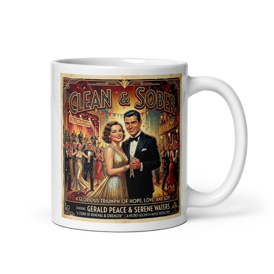 1930s art deco sobriety coffee mug design featuring an elegant vintage couple dancing at a celebration with “Clean & Sober” text and classic retro movie poster styling.