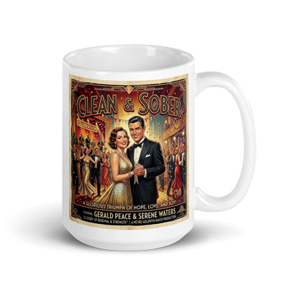 A lovely 1930s art deco sobriety coffee mug design featuring an elegant vintage couple dancing at a celebration with “Clean & Sober” text and classic retro movie poster styling.