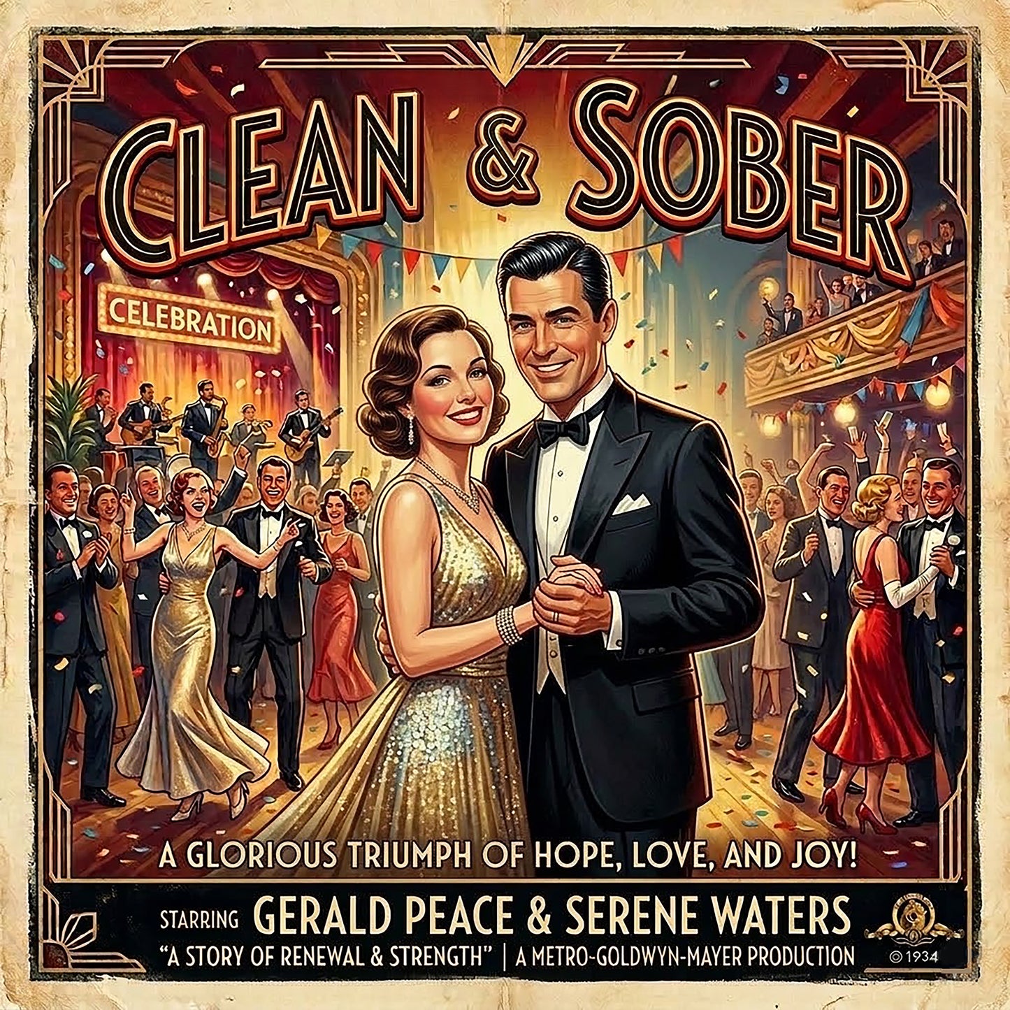 A thumbnail of a 1930s art deco sobriety coffee mug design featuring an elegant vintage couple dancing at a celebration with “Clean & Sober” text and classic retro movie poster styling.