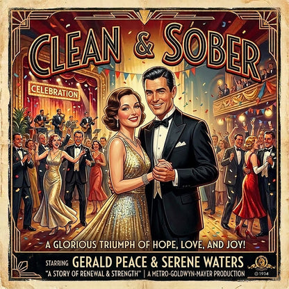 A thumbnail of a 1930s art deco sobriety coffee mug design featuring an elegant vintage couple dancing at a celebration with “Clean & Sober” text and classic retro movie poster styling.