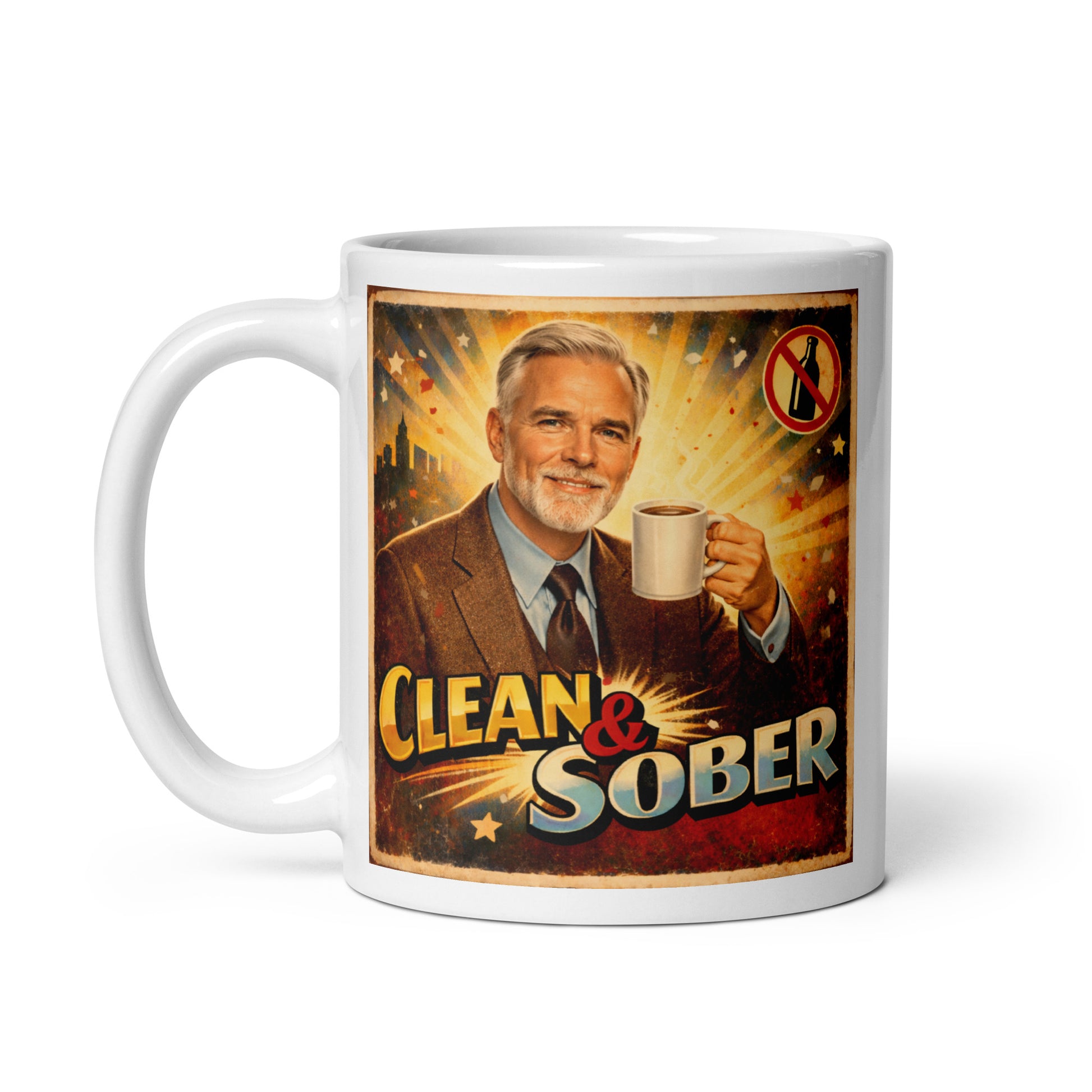 Impactful  1930s retro sobriety coffee mug design featuring a smiling silver-haired man holding coffee with “Clean & Sober” text, vintage distressed texture, and radiant sunburst background.