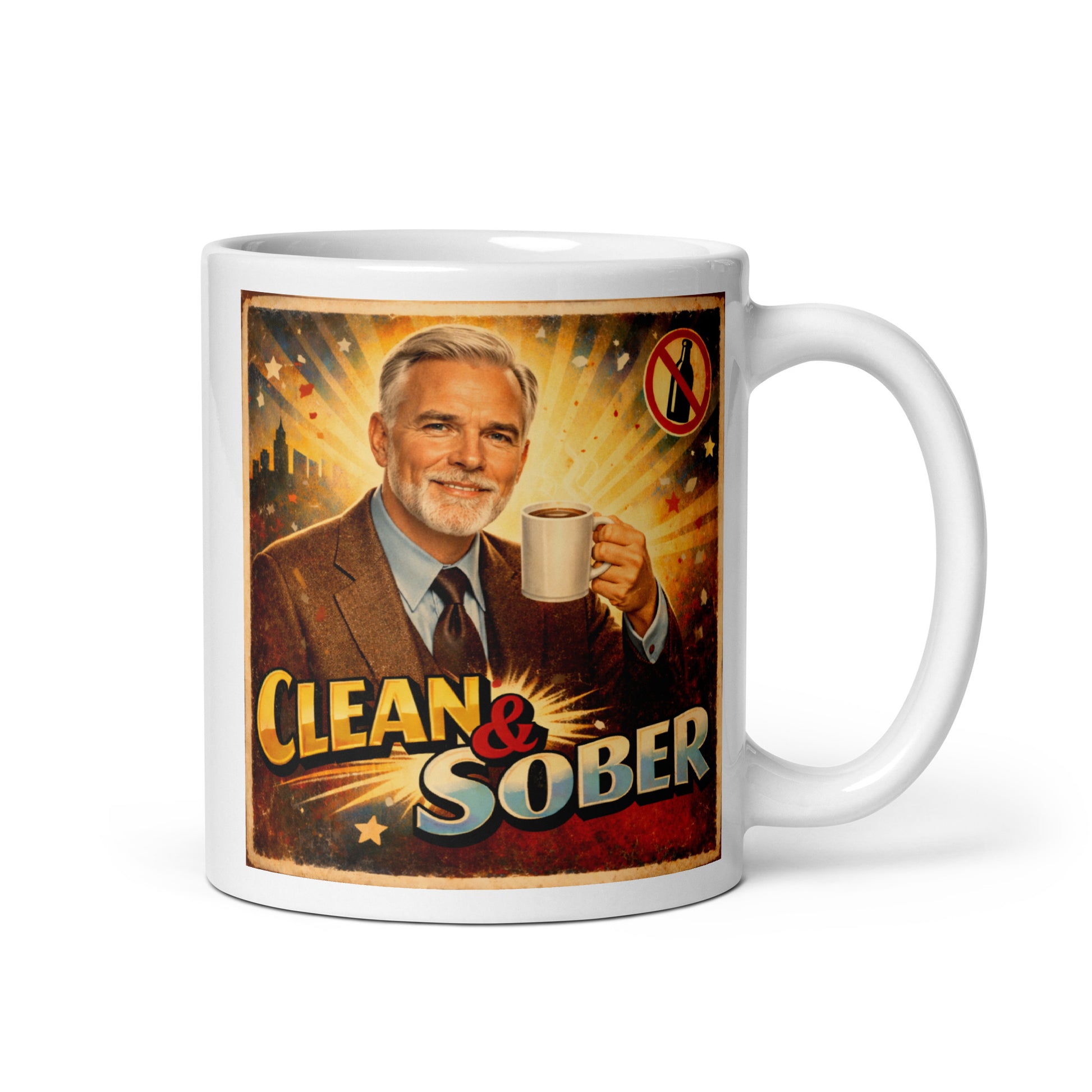 1930s retro sobriety coffee mug design featuring a smiling silver-haired man holding coffee with “Clean & Sober” text, vintage distressed texture, and radiant sunburst background.