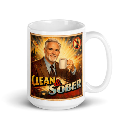 Striking 1930s retro sobriety coffee mug design featuring a smiling silver-haired man holding coffee with “Clean & Sober” text, vintage distressed texture, and radiant sunburst background.