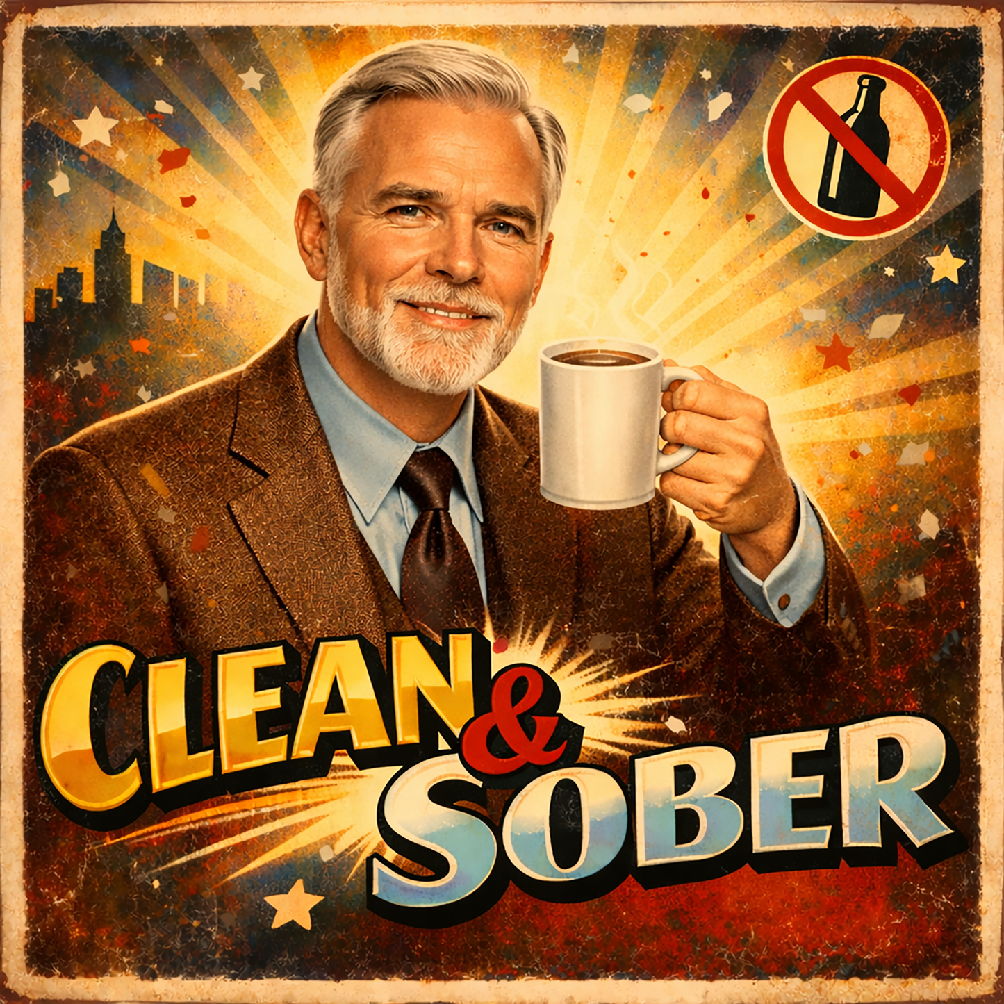 Thumbnail of a 1930s retro sobriety coffee mug design featuring a smiling silver-haired man holding coffee with “Clean & Sober” text, vintage distressed texture, and radiant sunburst background.