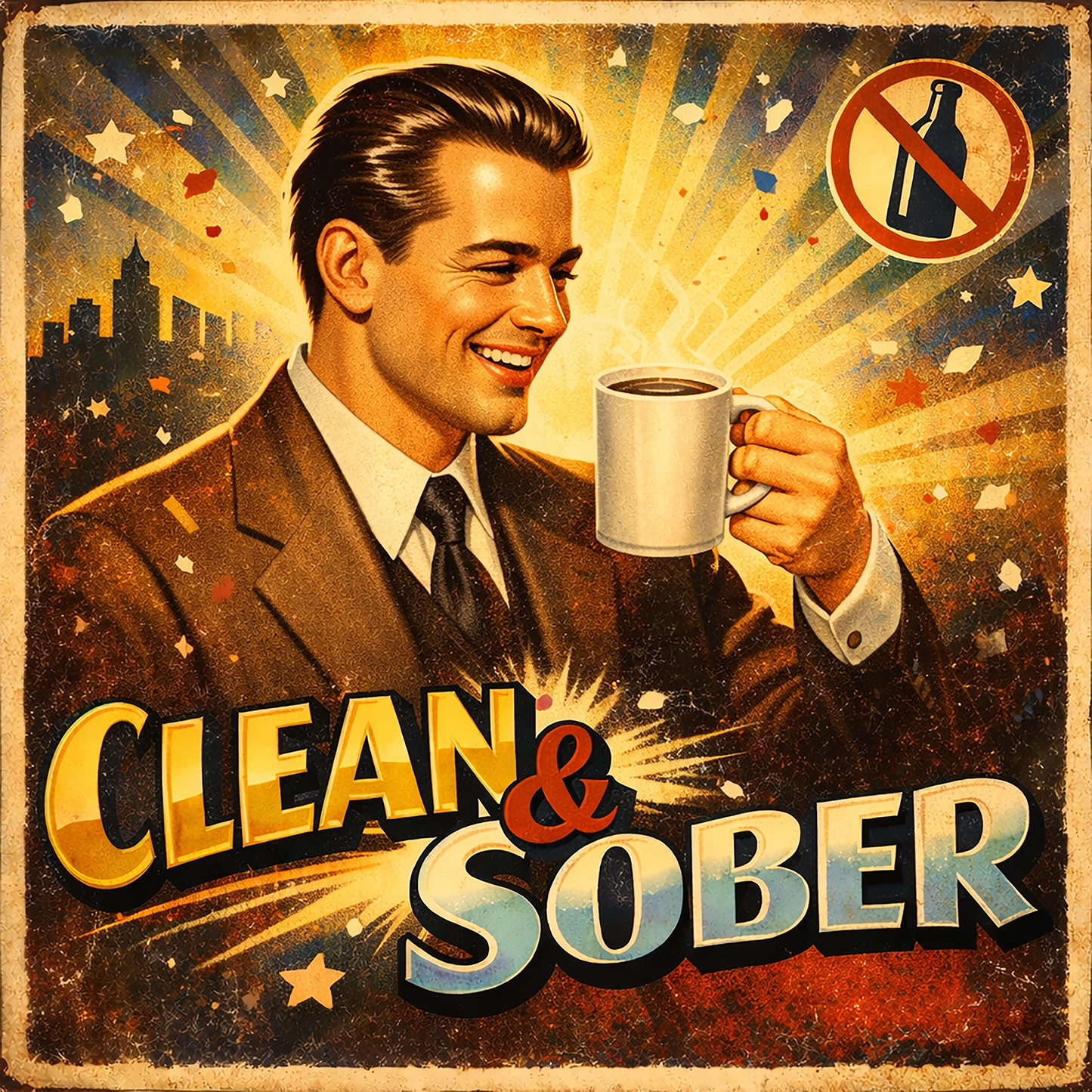 Thumbnail of a 1930s retro style clean and sober coffee mug design featuring smiling man holding coffee mug with vintage sunburst background and prohibition-style sobriety artwork.