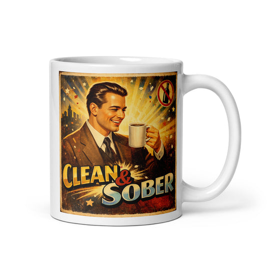 Dynamic 1930s retro style clean and sober coffee mug design featuring smiling man holding coffee mug with vintage sunburst background and prohibition-style sobriety artwork.