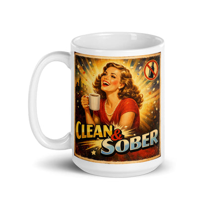 1930s retro sobriety coffee mug design featuring a smiling vintage woman holding coffee with “Clean & Sober” text, golden sunburst background, and classic distressed poster style.