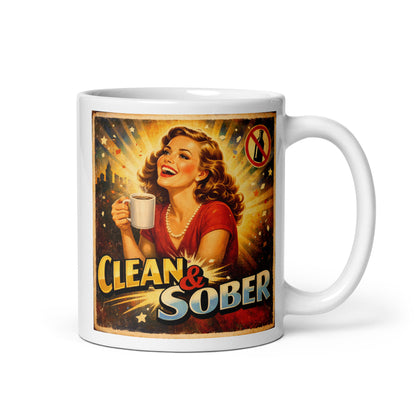 Beautiful 1930s retro sobriety coffee mug design featuring a smiling vintage woman holding coffee with “Clean & Sober” text, golden sunburst background, and classic distressed poster style.