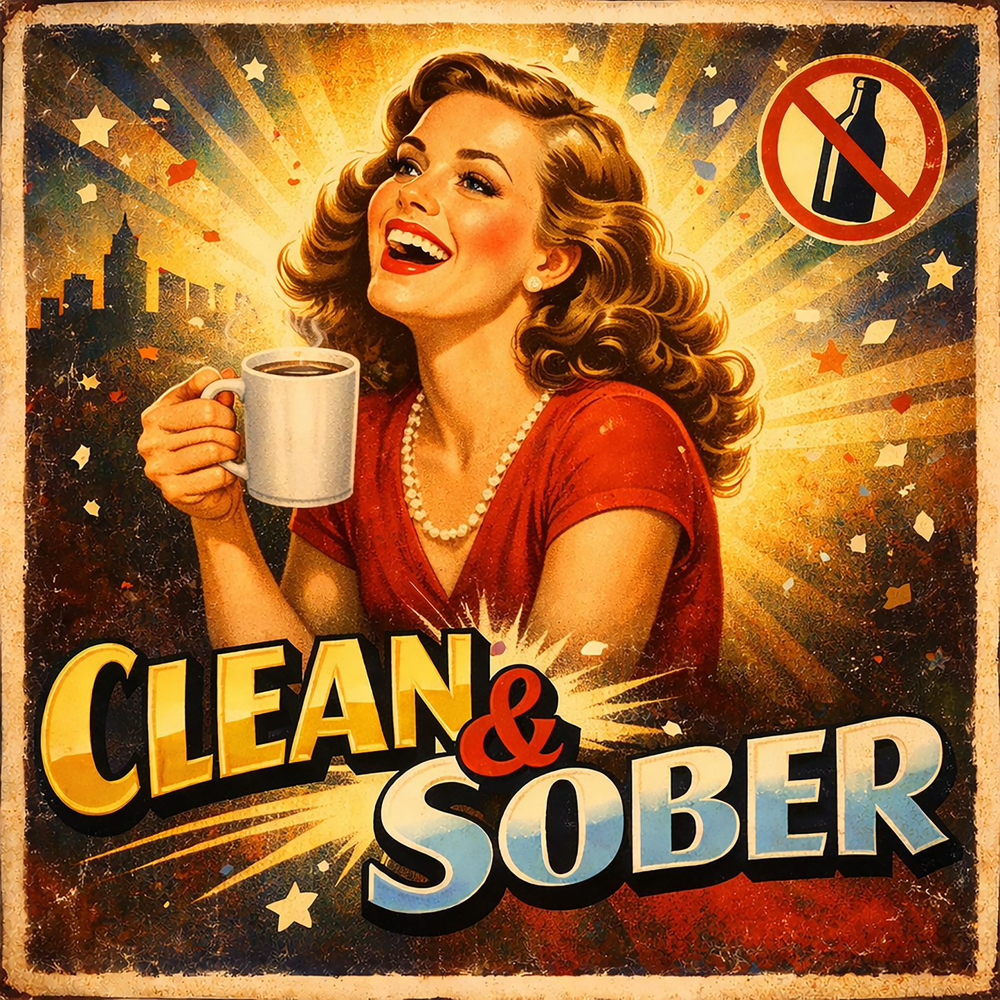 Thumbnail of a 1930s retro sobriety coffee mug design featuring a smiling vintage woman holding coffee with “Clean & Sober” text, golden sunburst background, and classic distressed poster style.