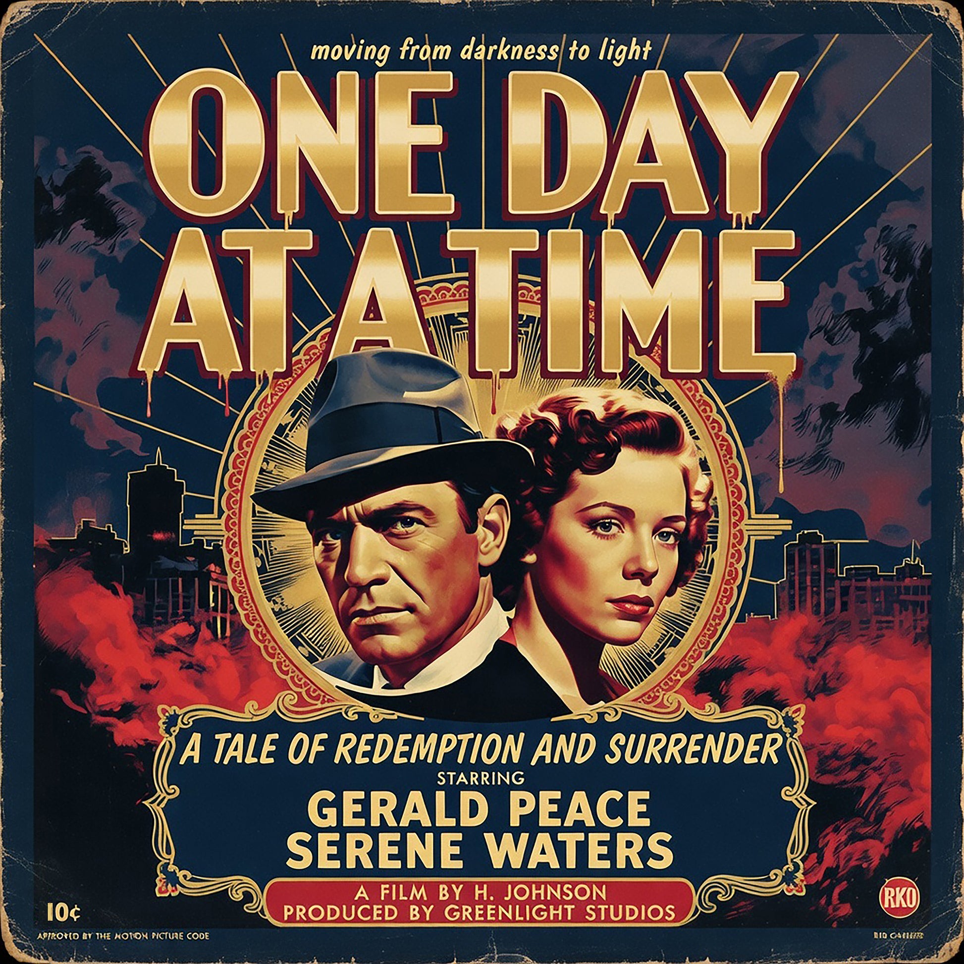 Thumbnail of a 1930s film noir sobriety coffee mug design featuring “One Day at a Time” text, vintage movie poster artwork, dramatic retro characters, and dark cityscape with classic distressed styling.