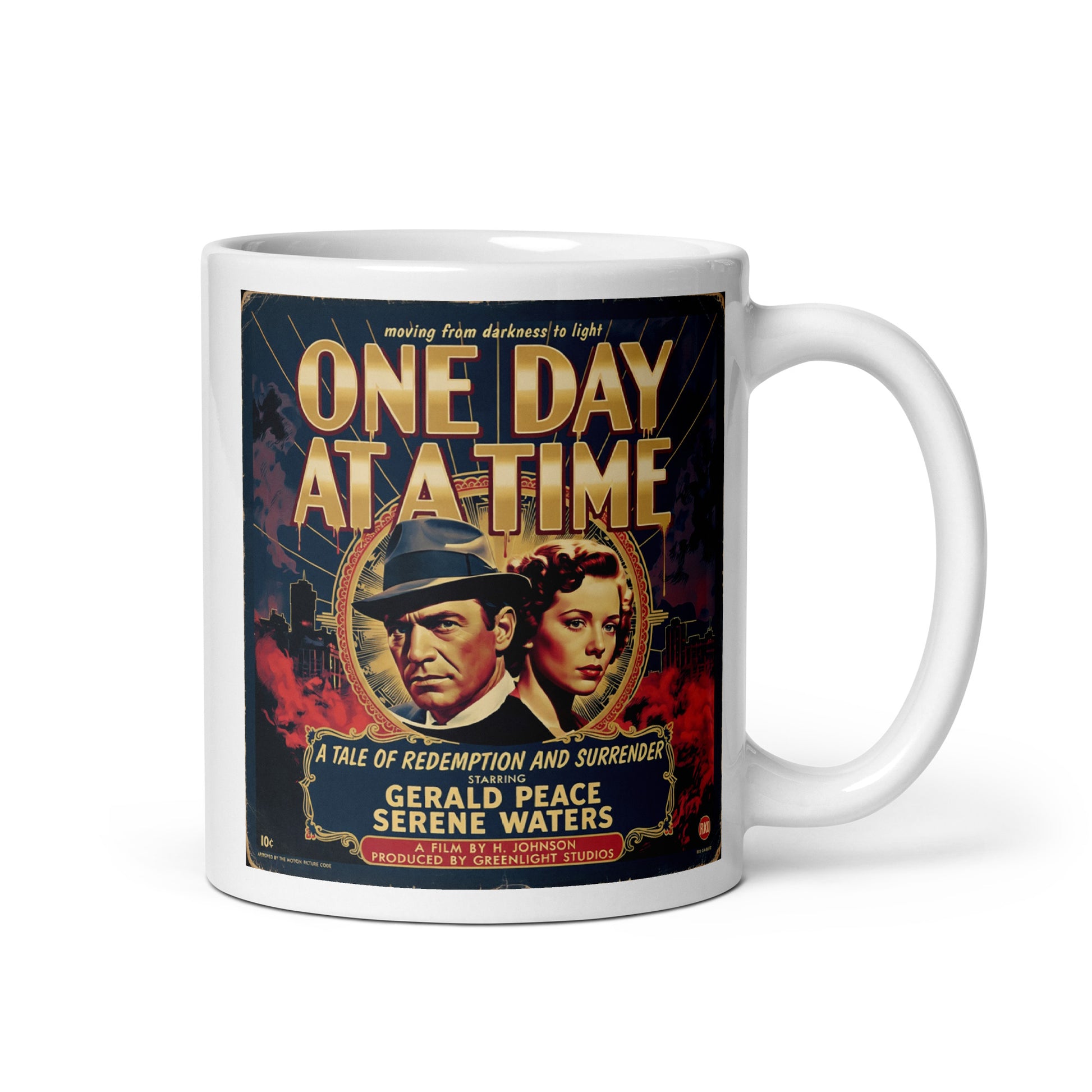 Striking 1930s film noir sobriety coffee mug design featuring “One Day at a Time” text, vintage movie poster artwork, dramatic retro characters, and dark cityscape with classic distressed styling.