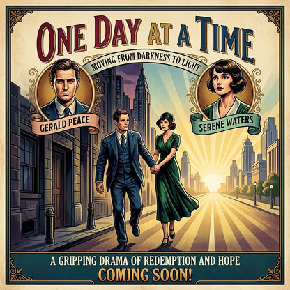 Thumbnail of a 1930s retro sobriety movie poster style coffee mug design featuring “One Day At A Time” recovery message with vintage city street scene and art deco characters walking toward the light.