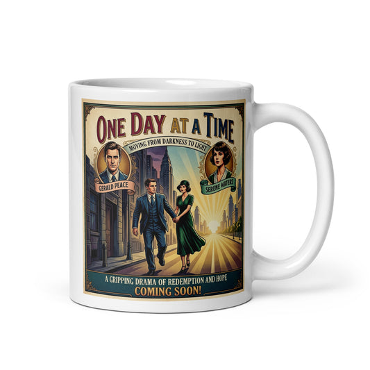A gripping 1930s retro sobriety movie poster style coffee mug design featuring “One Day At A Time” recovery message with vintage city street scene and art deco characters walking toward the light.