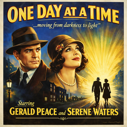 Thumbnail of a 1930s retro sobriety movie poster style coffee mug design featuring “One Day At A Time” message with vintage couple, glowing city street, and inspirational recovery artwork symbolizing moving from darkness to light.