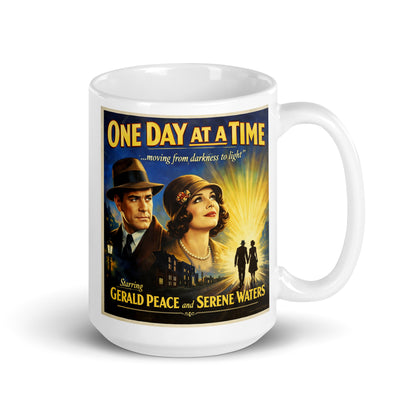 Mysterious and intriguing 1930s retro sobriety movie poster style coffee mug design featuring “One Day At A Time” message with vintage couple, glowing city street, and inspirational recovery artwork symbolizing moving from darkness to light.