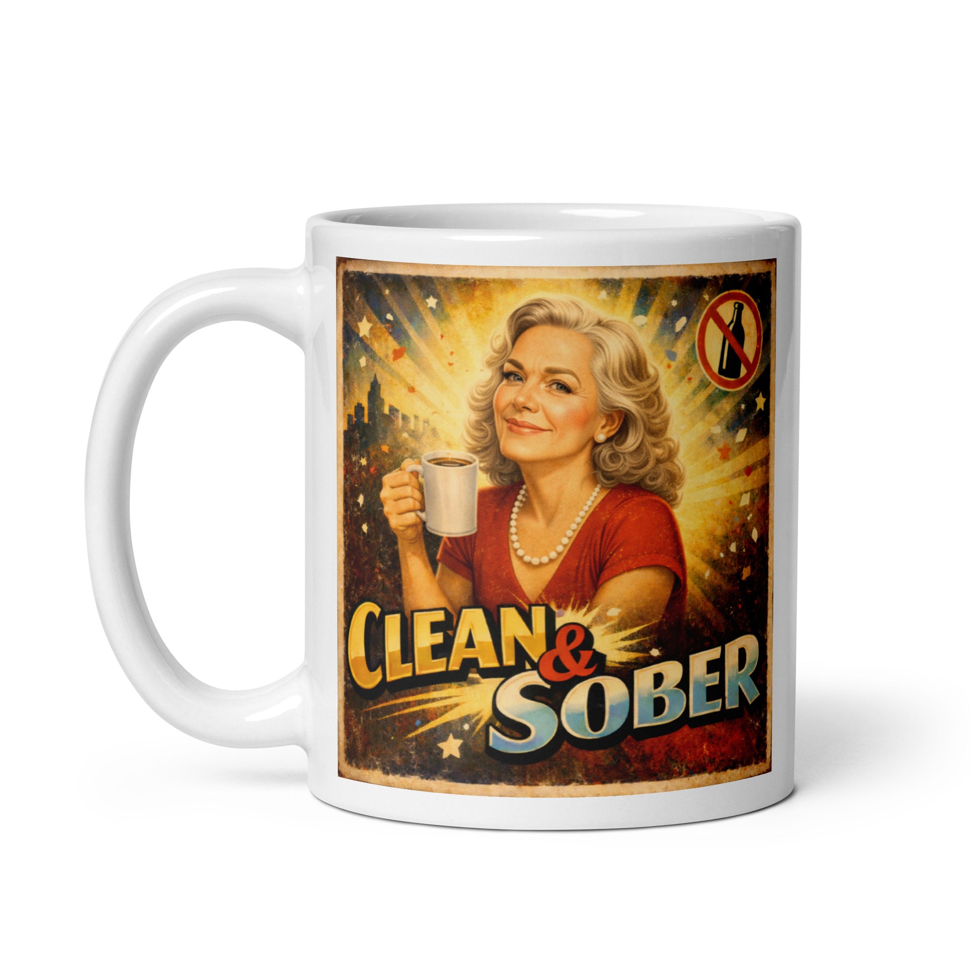 Colorful 1930s retro sobriety coffee mug design featuring an elegant silver-haired woman holding coffee with “Clean & Sober” text, radiant sunburst background, and distressed vintage poster styling.