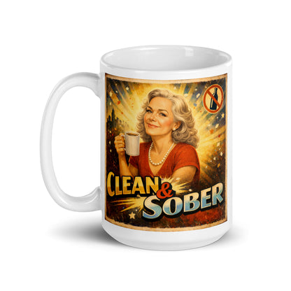 1930s retro sobriety coffee mug design featuring an elegant silver-haired woman holding coffee with “Clean & Sober” text, radiant sunburst background, and distressed vintage poster styling.