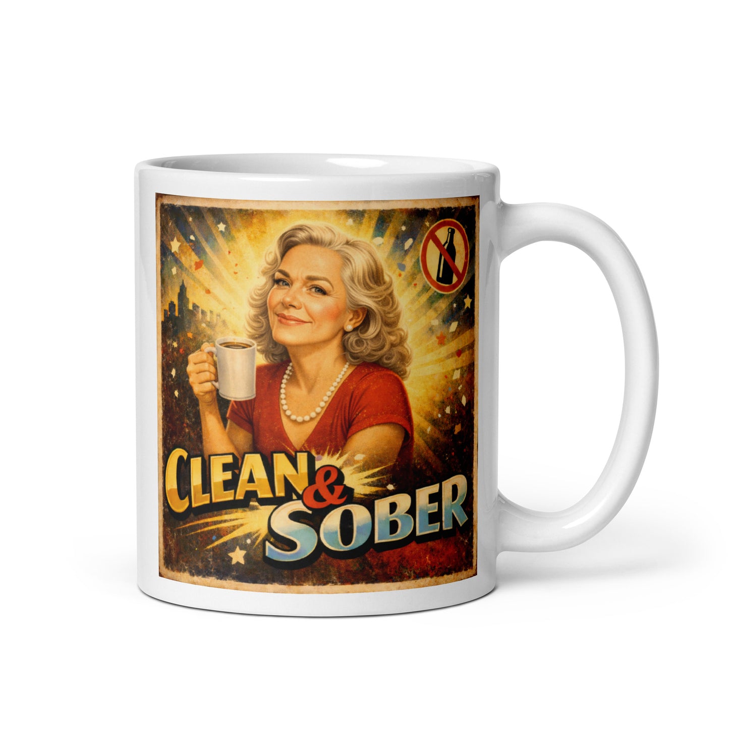 A beautiful 1930s retro sobriety coffee mug design featuring an elegant silver-haired woman holding coffee with “Clean & Sober” text, radiant sunburst background, and distressed vintage poster styling.