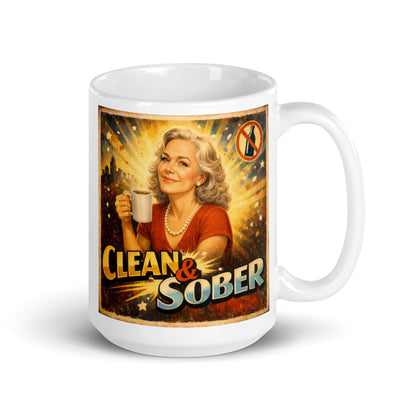 Striking 1930s retro sobriety coffee mug design featuring an elegant silver-haired woman holding coffee with “Clean & Sober” text, radiant sunburst background, and distressed vintage poster styling.