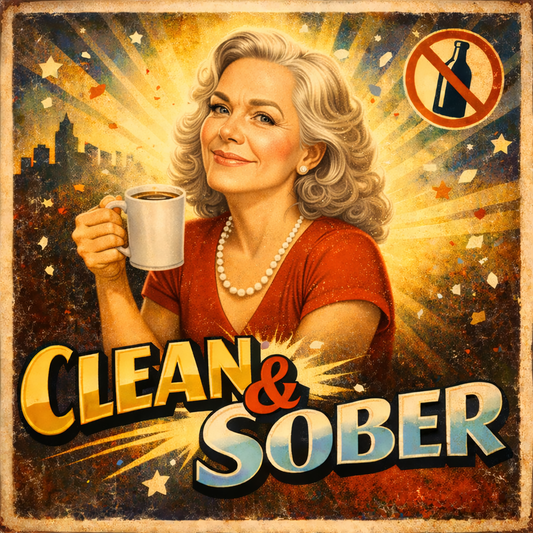 Thumbnail of a 1930s retro sobriety coffee mug design featuring an elegant silver-haired woman holding coffee with “Clean & Sober” text, radiant sunburst background, and distressed vintage poster styling.