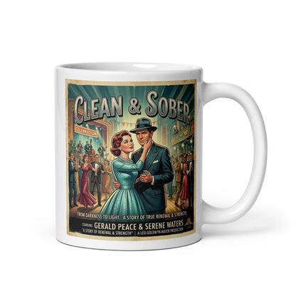Turquoise colored 1940s retro sobriety coffee mug design featuring an elegant couple dancing at a celebration hall with “Clean & Sober” vintage movie poster typography and jazz-era party scene.