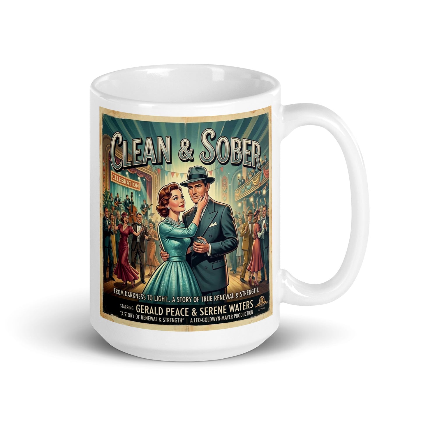 Blue and turquoise 1940s retro sobriety coffee mug design featuring an elegant couple dancing at a celebration hall with “Clean & Sober” vintage movie poster typography and jazz-era party scene.