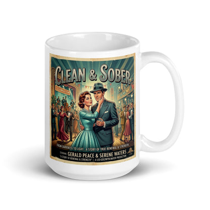 Blue and turquoise 1940s retro sobriety coffee mug design featuring an elegant couple dancing at a celebration hall with “Clean & Sober” vintage movie poster typography and jazz-era party scene.