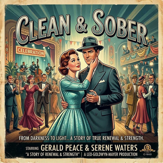 Thumbnail of a 1940s retro sobriety coffee mug design featuring an elegant couple dancing at a celebration hall with “Clean & Sober” vintage movie poster typography and jazz-era party scene.