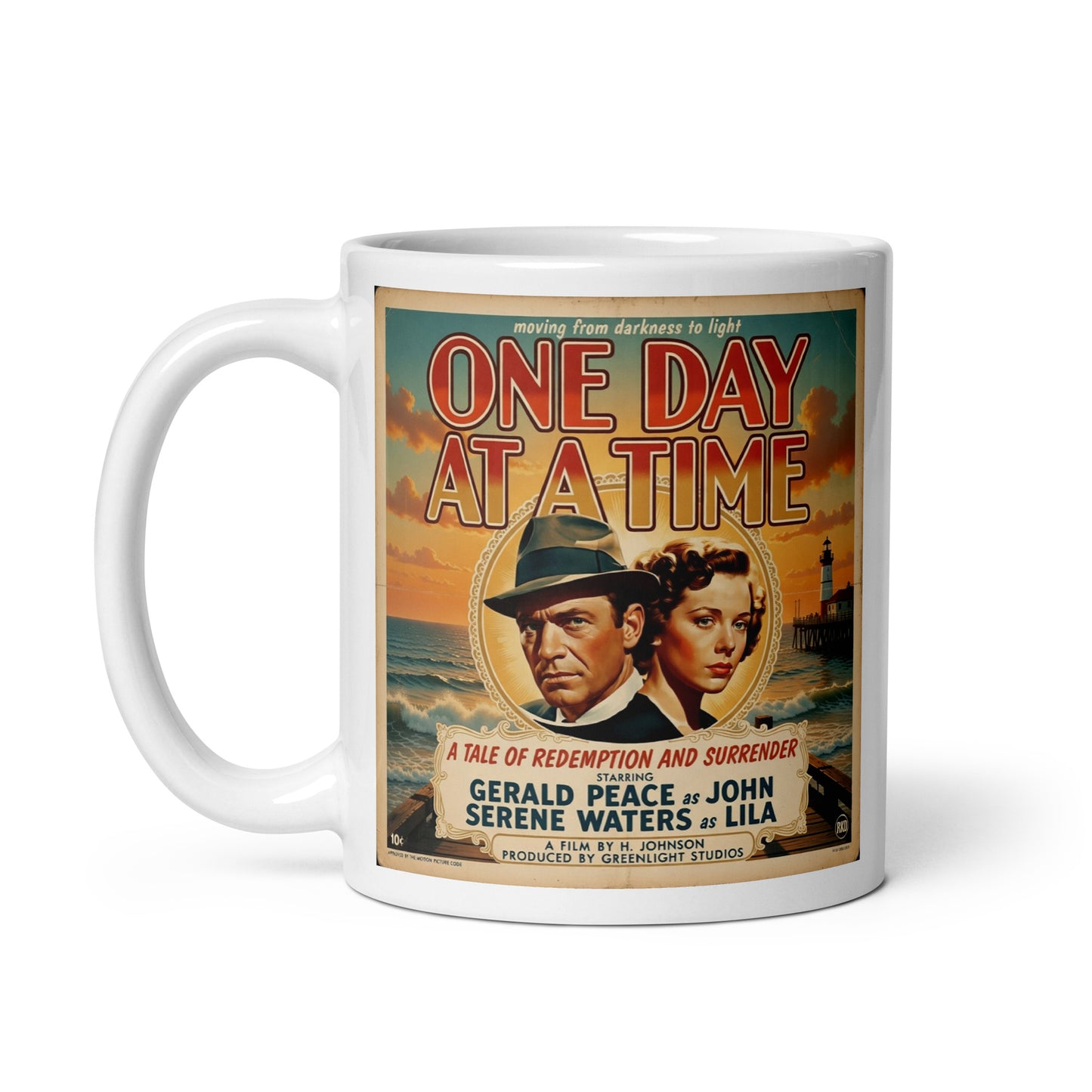 1940s retro sobriety coffee mug design featuring a vintage couple in recovery by the ocean with lighthouse backdrop and “One Day at a Time” recovery movie poster typography.
