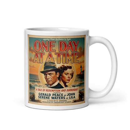 Cool looking 1940s retro sobriety coffee mug design featuring a vintage noir-style couple by the ocean with lighthouse backdrop and “One Day at a Time” recovery movie poster typography.