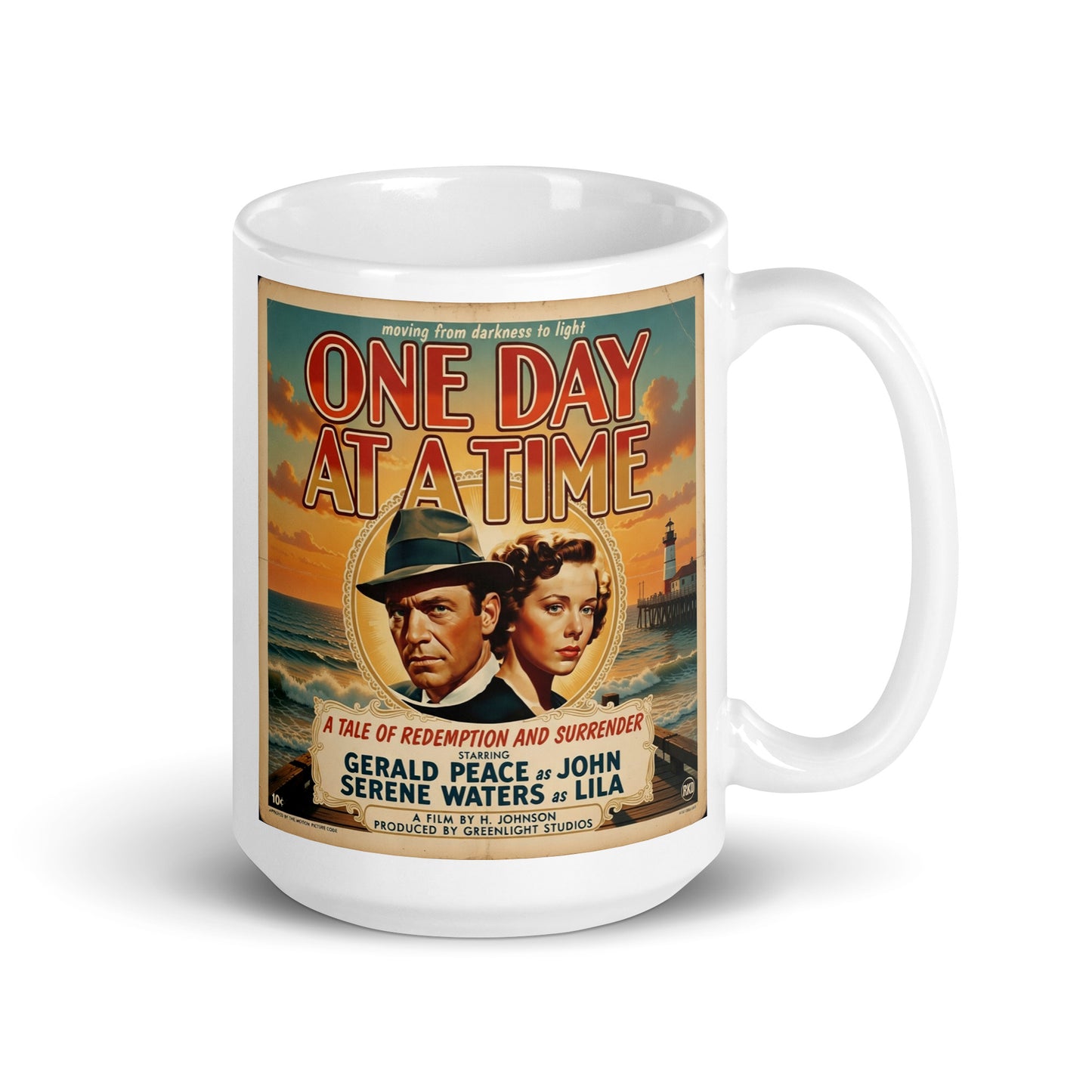 1940s retro sobriety coffee mug design featuring a vintage sober couple by the ocean with lighthouse backdrop and “One Day at a Time” recovery movie poster typography.