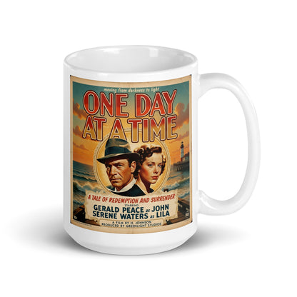 1940s retro sobriety coffee mug design featuring a vintage sober couple by the ocean with lighthouse backdrop and “One Day at a Time” recovery movie poster typography.
