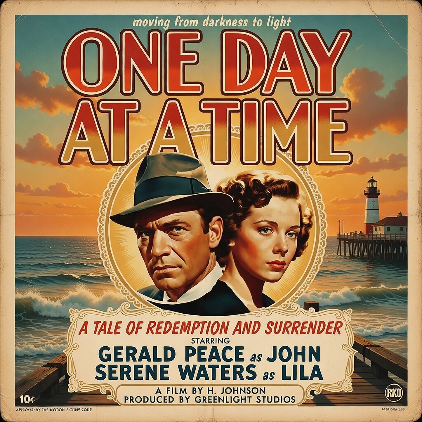 A thumbnail of a 1940s retro sobriety coffee mug design featuring a vintage noir-style couple by the ocean with lighthouse backdrop and “One Day at a Time” recovery movie poster typography.