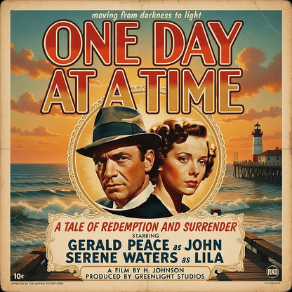 A thumbnail of a 1940s retro sobriety coffee mug design featuring a vintage noir-style couple by the ocean with lighthouse backdrop and “One Day at a Time” recovery movie poster typography.
