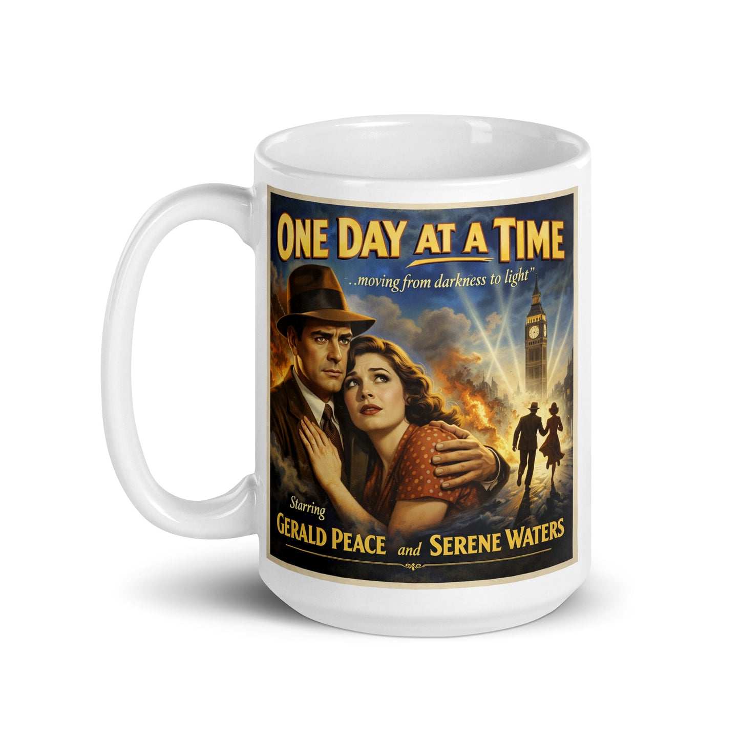 Emotional and intriguing 1940s noir-style sobriety coffee mug design featuring a vintage couple embracing in a dramatic city scene with “One Day at a Time” recovery movie poster typography.