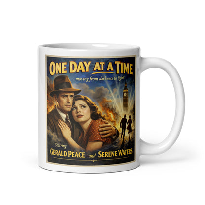 1940s noir-style sobriety coffee mug design featuring a vintage couple embracing in a dramatic city scene with “One Day at a Time” recovery movie poster typography.