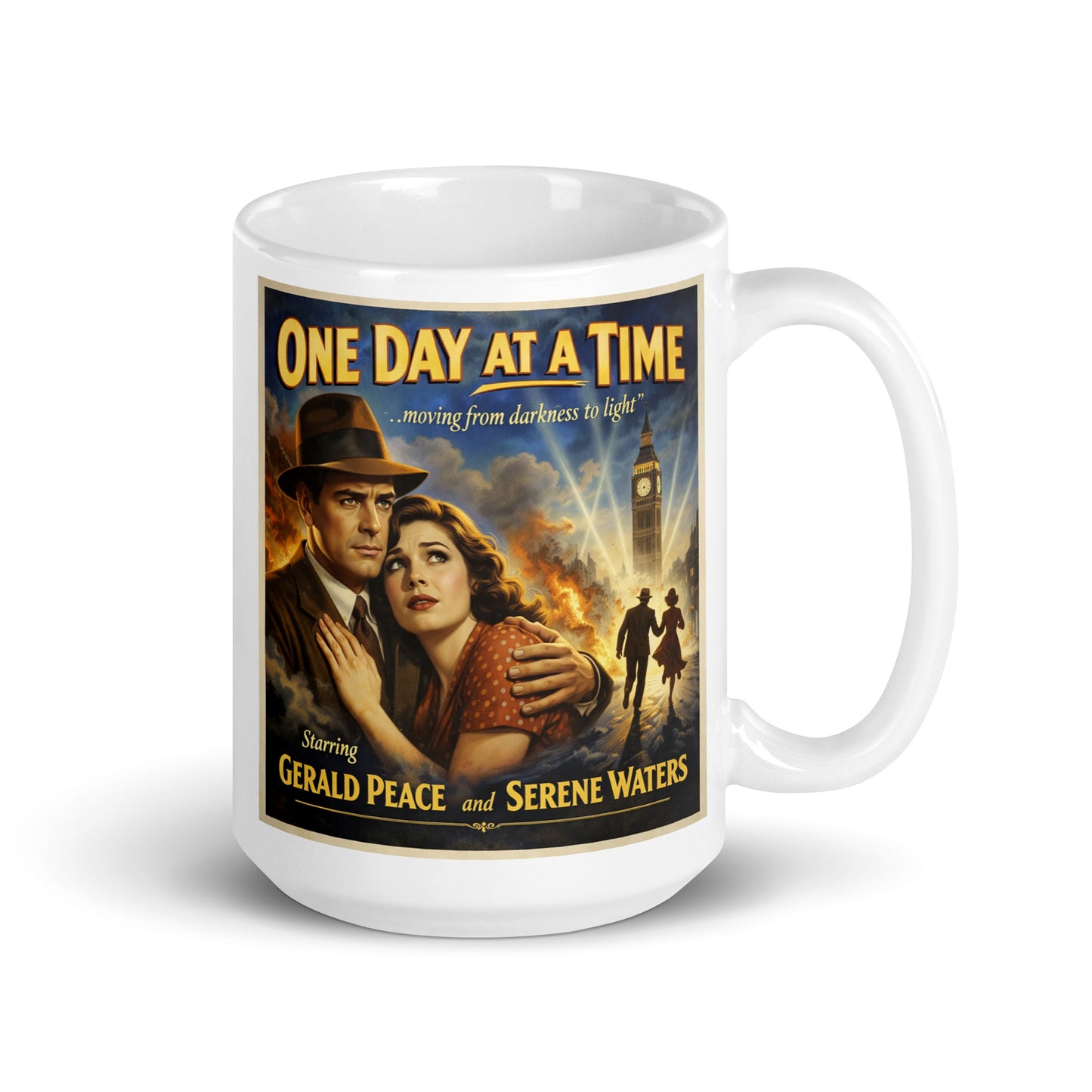 Intriguing 1940s noir-style sobriety coffee mug design featuring a vintage couple embracing in a dramatic city scene with “One Day at a Time” recovery movie poster typography.