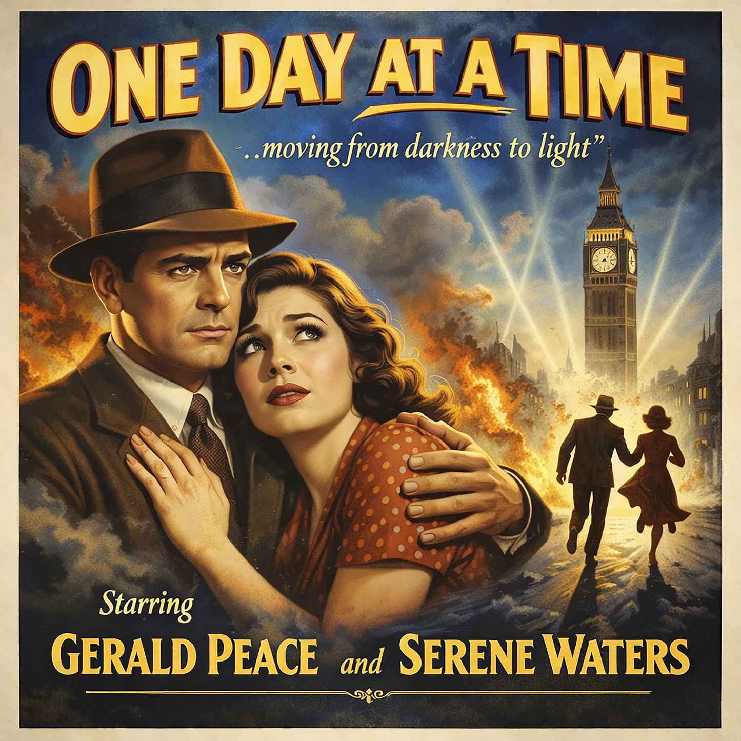 Thumbnail of a 1940s noir-style sobriety coffee mug design featuring a vintage couple embracing in a dramatic city scene with “One Day at a Time” recovery movie poster typography.