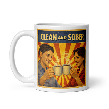 1940s retro clean and sober coffee mug design featuring a smiling couple holding steaming coffee cups with a vintage sunburst background.