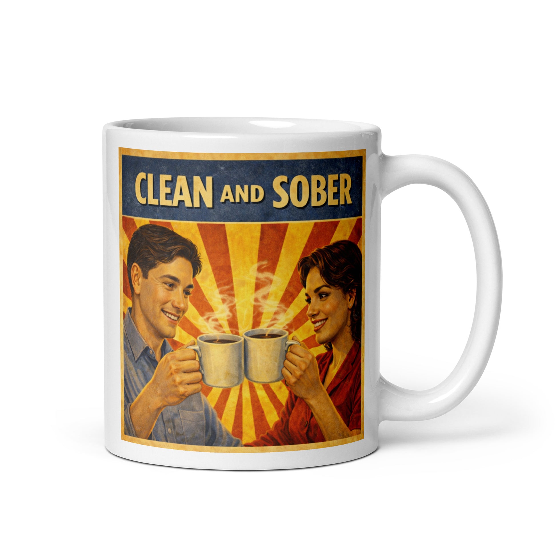 Nostalgic 1940s retro clean and sober coffee mug design featuring a smiling couple holding steaming coffee cups with a vintage sunburst background.