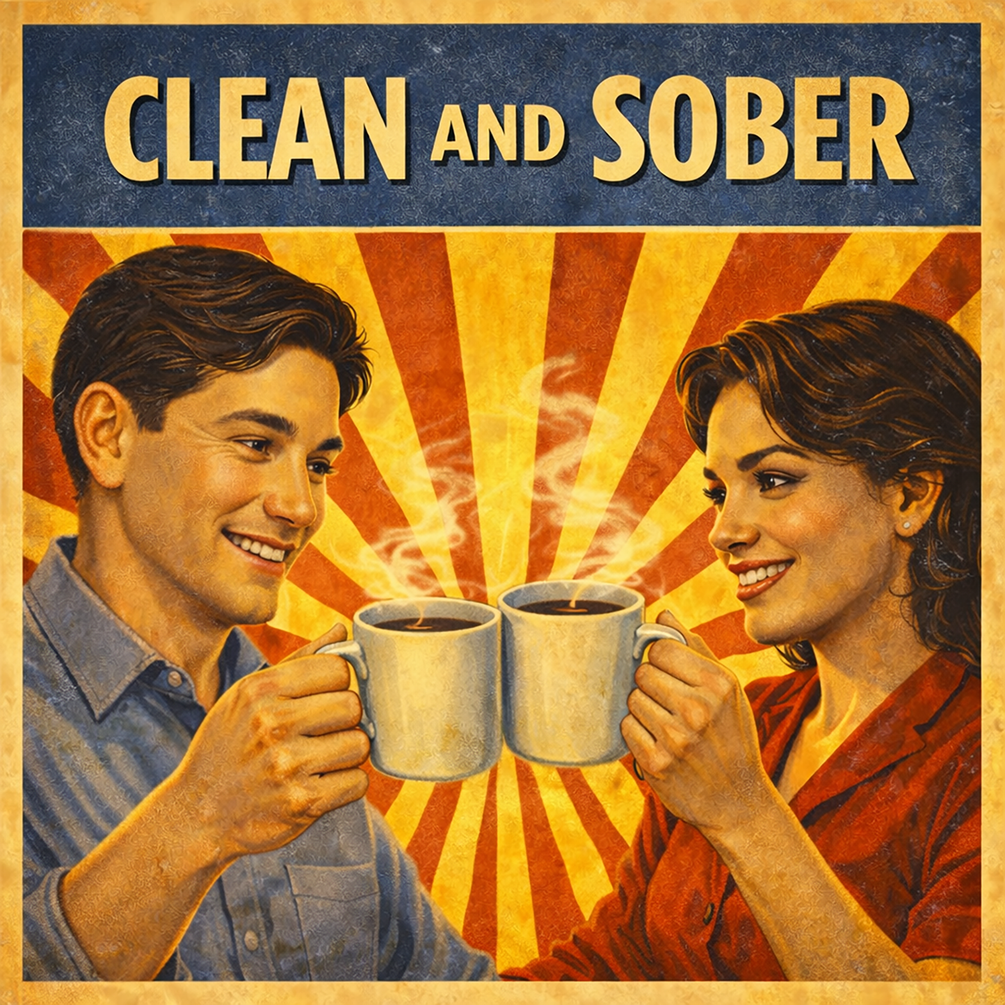 Thumbnail of a 1940s retro clean and sober coffee mug design featuring a smiling couple holding steaming coffee cups with a vintage sunburst background.