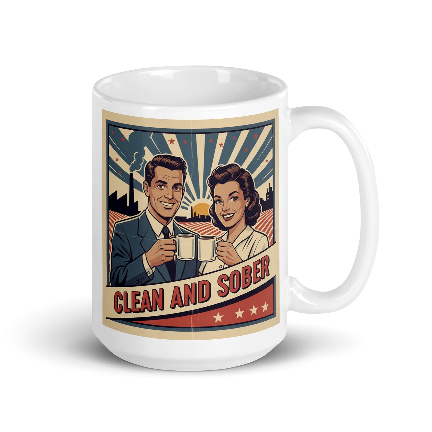 Blue striped sunburst 1940s retro clean and sober coffee mug design featuring a smiling couple toasting coffee mugs with a vintage sunrise industrial background and bold typography.