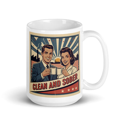 Blue striped sunburst 1940s retro clean and sober coffee mug design featuring a smiling couple toasting coffee mugs with a vintage sunrise industrial background and bold typography.