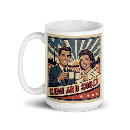1940s retro clean and sober coffee mug design featuring a smiling sober couple toasting coffee mugs with a vintage sunrise industrial background and bold typography.