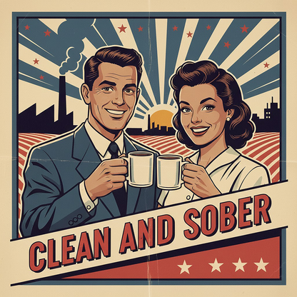 Thumbnail of a 1940s retro clean and sober coffee mug design featuring a smiling couple toasting coffee mugs with a vintage sunrise industrial background and bold typography.