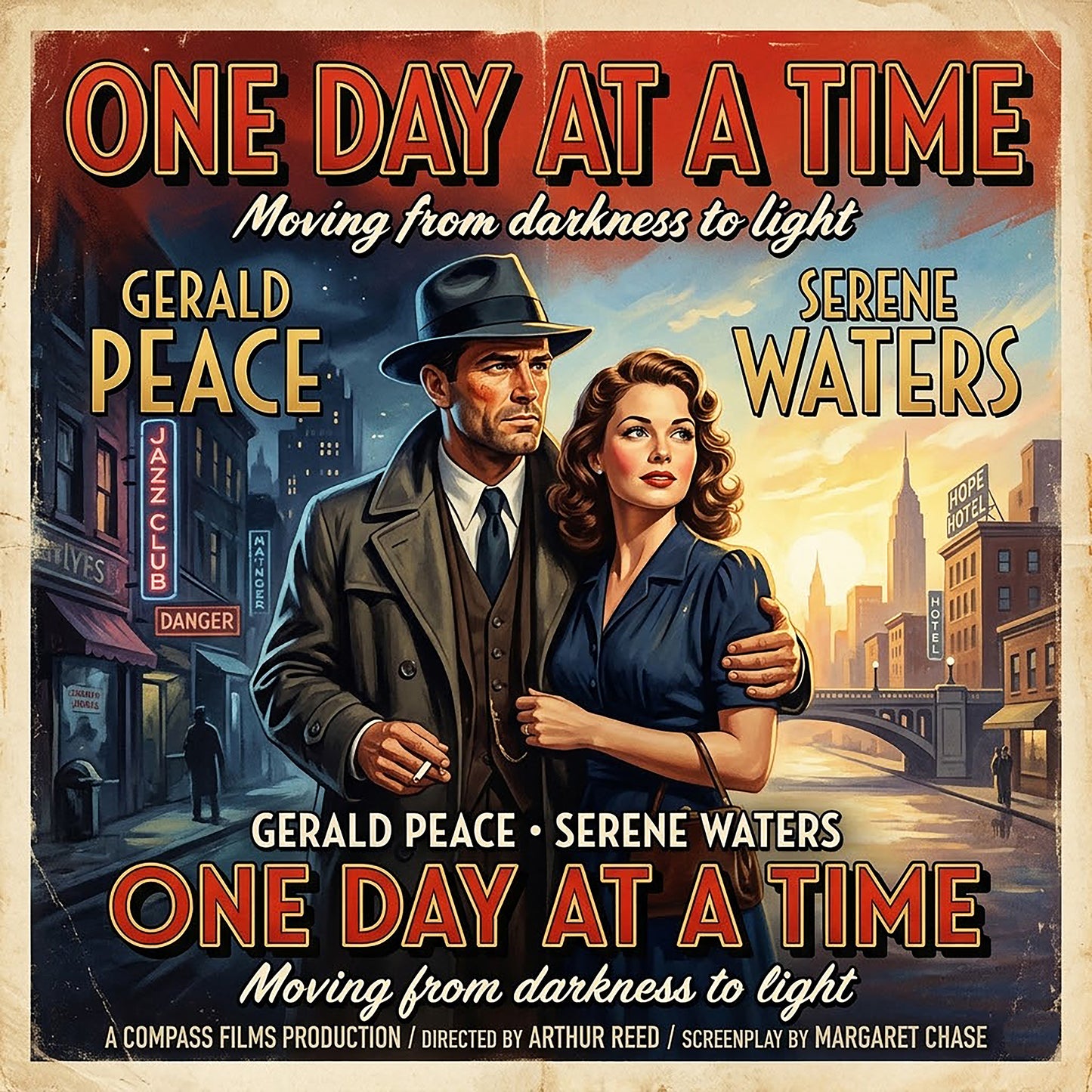 Thumbprint of a 1940s noir style one day at a time sobriety coffee mug design featuring a vintage movie poster couple standing in a city street with retro recovery typography and cinematic artwork.