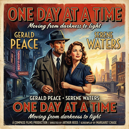 Thumbprint of a 1940s noir style one day at a time sobriety coffee mug design featuring a vintage movie poster couple standing in a city street with retro recovery typography and cinematic artwork.